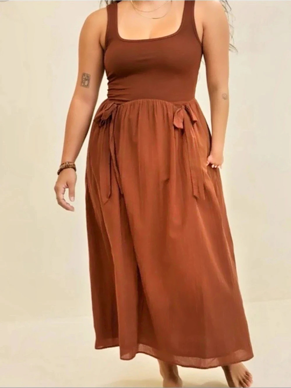 Aerie At The Barre Midi BOW Dress in Brown Universe Women’s L Boho Cotton